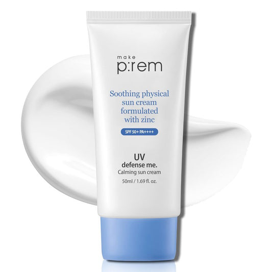 MAKEPREM UVA UVB Defense Me Calming Sun Cream VEGAN Sunblock SPF 50+ PA++++ 1.69 Fl Oz Reef-Safe Non-Nano Mineral Sunscreen Broad UV Protection Blue Ray Dry Sensitive Acne-Prone Oily Skin No Chemical