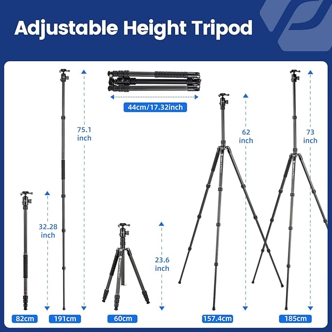Fotopro 73"/185cm Carbon Fiber Travel Tripod for Camera, 360° Panorama Ball Head, Arca Quick Release Plate, Portable Bag, Compact Travel Tripod Monopod for DSLR Camera Camcorder, Load up to 22lbs/10kg