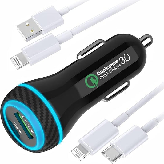 MOCA USB-C Car Charger, 51W USB-C & USB-A 2-Port PD/QC 3.0 Car Power Adapter W/ 2pcs 3.3ft A-P/C-P Cable Car Charger for iPhone 17/16/15 Series, Samsung Galaxy S25/S24/S23 Series, iPad Pro, AirPods