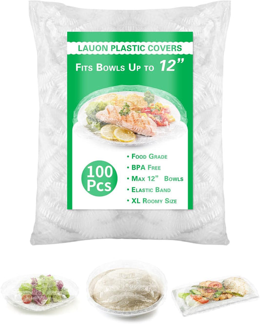 Skiennix Plastic Bowl Covers - Large Disposable Elastic Food Wraps for 12-Inch Bowls | 100 Pcs