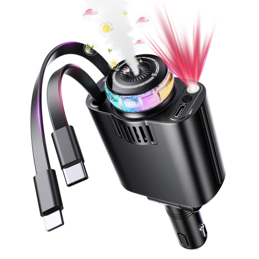 Retractable Car Charger with Aromatherapy and Starlight, 5 in 1 USB C Car Charger Adapter, 69W Fast Charging Cars Phone Chargers, Cars Air Freshener Compatible with iPhone 17 16 15 14 13 and Android