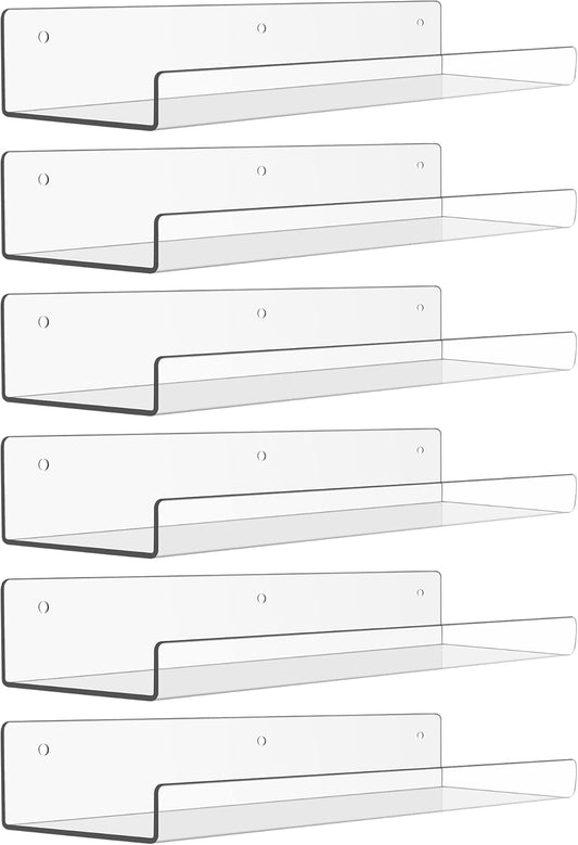 Upsimples 6 Pack Acrylic Floating Shelves - 15" x 4" Wall Storage for Kids' Rooms & Home Decor | Clear Display Shelf