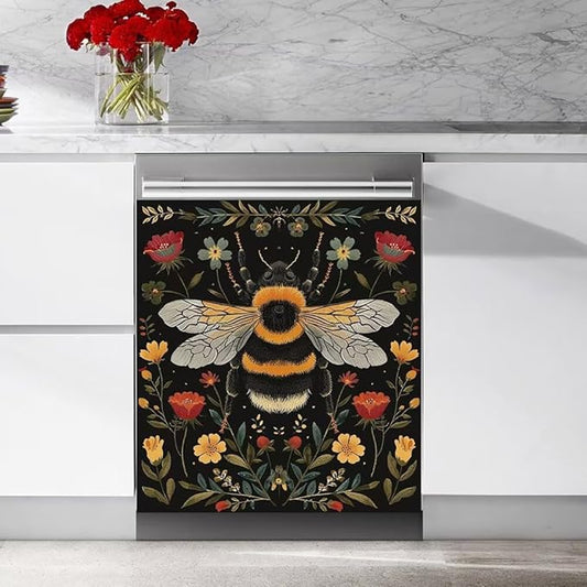 Flower and Bee Painting Dishwasher Magnetic Cover Sticker Magnetic Refrigerator Full Door Cover Sticker Kitchen Decor Panel Decal 23W x 17H inchs