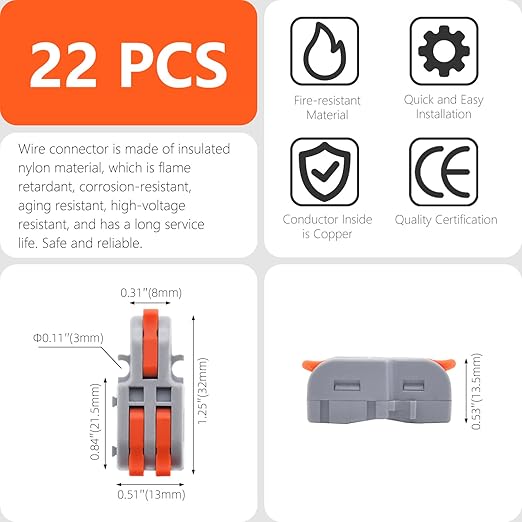 XALXMAW 20Pcs Lever Wire Connectors, 1 in 2 Out DIY Mini Splicing Compact Splitter Docking Terminal Block Electrical Connectors, 24-12 AWG