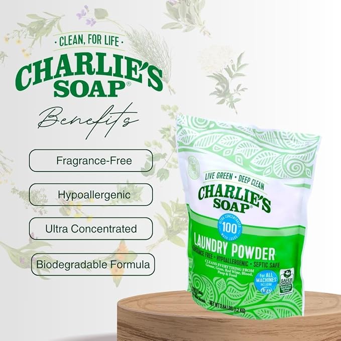 Charlieâs Soap Laundry Powder (100 Loads, 2 Pack) Hypoallergenic Deep Cleaning Washing Powder Detergent â Eco-Friendly, Safe, and Effective