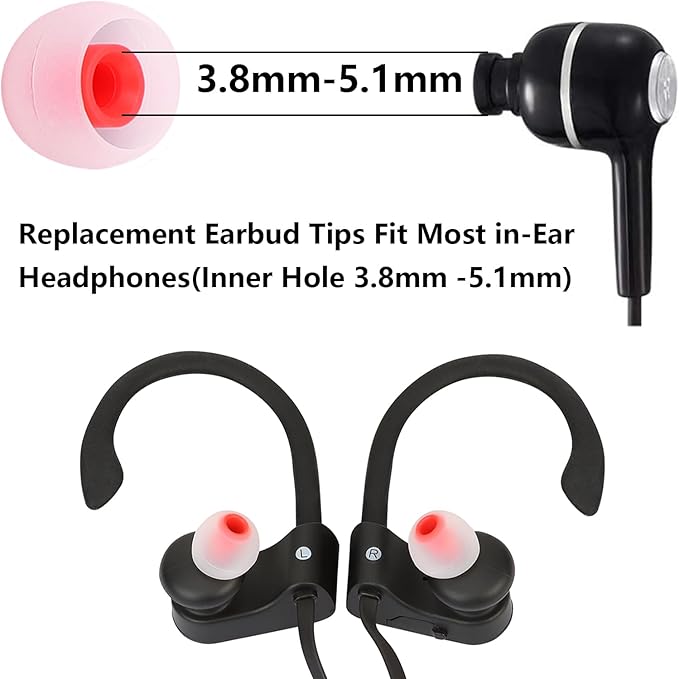 MMYQXI Earbud Replacement Tips Silicone Earbud Tips Earbud Covers Fit for in-Ear Headphones (Inner Hole 3.8mm -5.1mm) Eartips Earbud Rubber Tips 9 Pairs S/M/L, transparent/Red