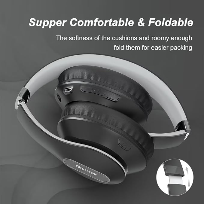 Glynzak Wireless Bluetooth Headphones Over Ear 65H Playtime HiFi Stereo Headset with Microphone and 6EQ Modes Foldable Bluetooth V6.0 Headphones for Travel Smartphone Computer Laptop