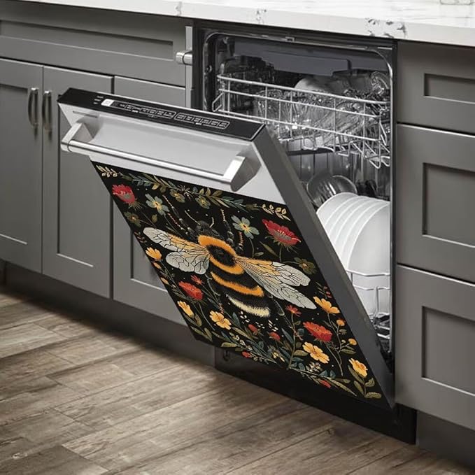 Flower and Bee Painting Dishwasher Magnetic Cover Sticker Magnetic Refrigerator Full Door Cover Sticker Kitchen Decor Panel Decal 23W x 17H inchs
