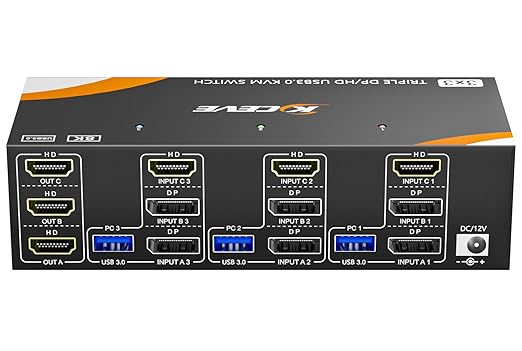 KCEVE USB 3.0 KVM Switch 3 Monitors 3 Computers Displayport HDMI, Triple Monitor KVM Switch 8K@60Hz 4K@144Hz for 3 Computers Share Mouse Keyboard, Wired Remote and Power Adapter