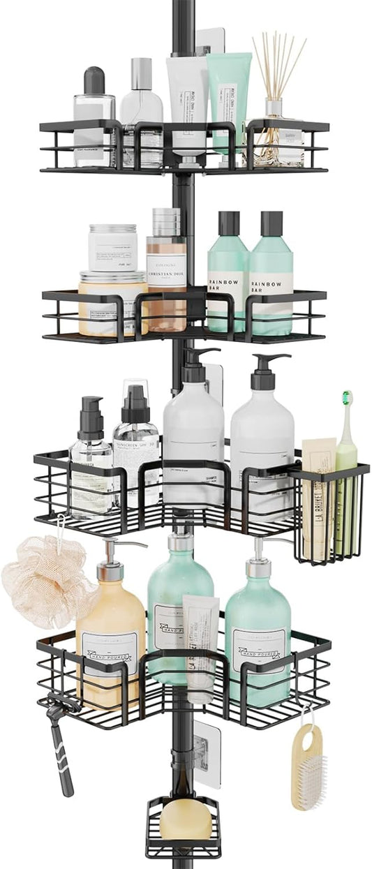 SWTYMIKI Shower Caddy Tension Pole - 4-Tier Adjustable Bathroom Organizer with Soap & Toothbrush Holders | Black 27.6-108.3 Inch