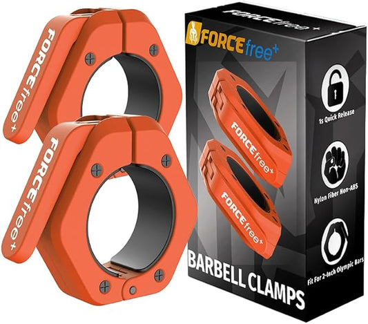 Forcefree+ Barbell Clips (Pair), Barbell Clamps, Quick Release Olympic Barbell Clamps with Anti Slip TPR Grip, Barbell Collars for Secure Weightlifting & Powerlifting (Non Magnetic, Orange)