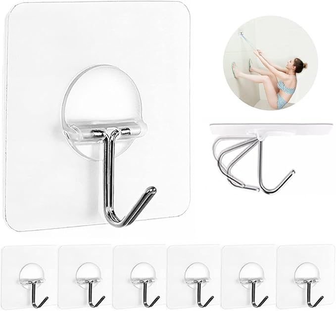 JINSHUNFA Adhesive Wall Hooks 13LB Heavy Duty No Drill Transparent Waterproof Hooks for Bathroom Kitchen Towel Coat 8 Pack