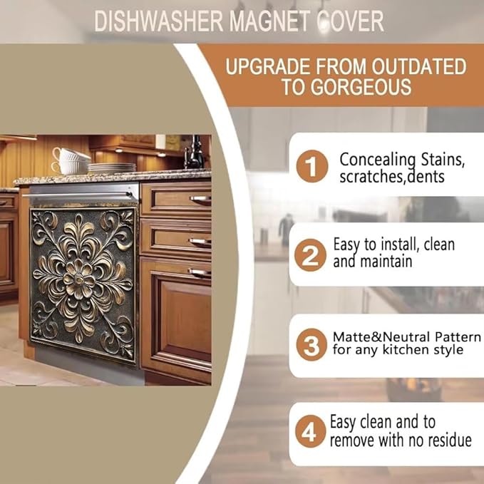 Kitchen Decor Dishwasher Magnet Cover Decal, Bronze and Gold Floral Medallion Magnetic Dish Washer Panel Door Vinyl Sticker, Refrigerator Magnets,Easy to Clean, 23 x 26 inch