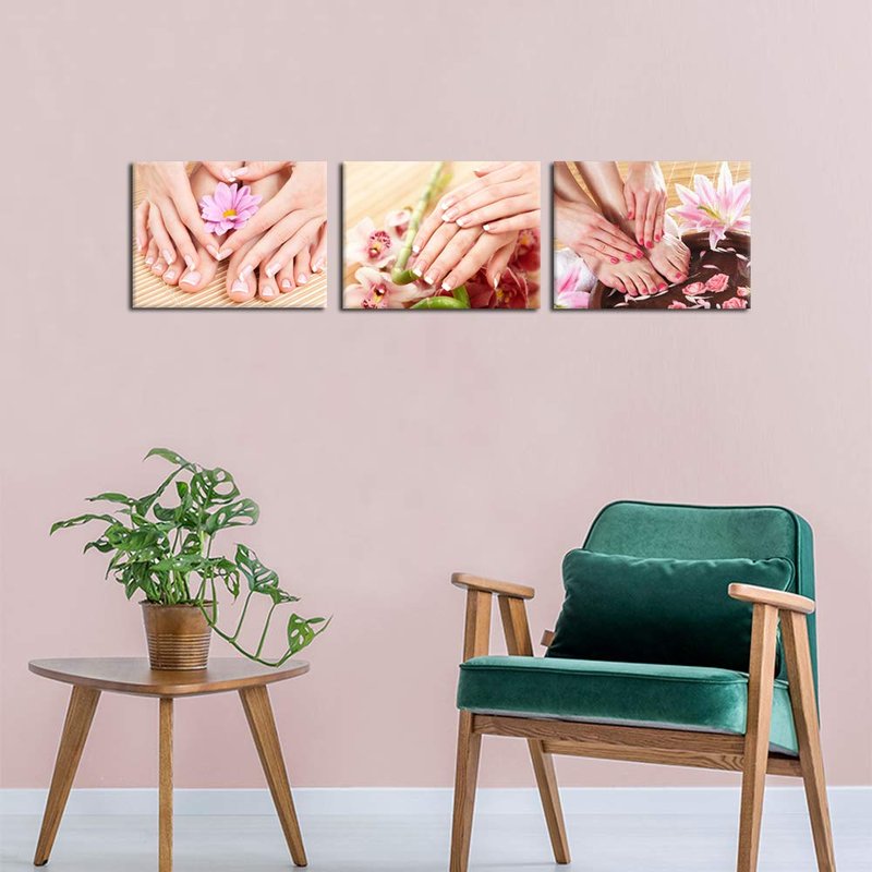 iKNOW FOTO Canvas Set of 3 Wall Art Manicure Painting Hands Foot Bath Massage Spa Still Life with Flowers Pictures Nails Beauty Salon Posters Printed Giclee Print Gallery Wrap for Walls