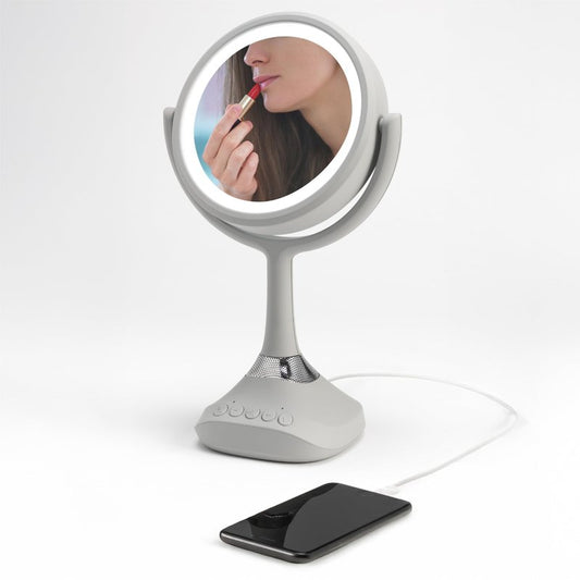 Homewerks 76-101-BT 7.5-inch Personal Makeup Mirror with Bluetooth Speakers and LED Lighting, Handheld Bluetooth Vanity Mirror with Lights for Bathrooms, Bedrooms, or Dorm Room Essentials