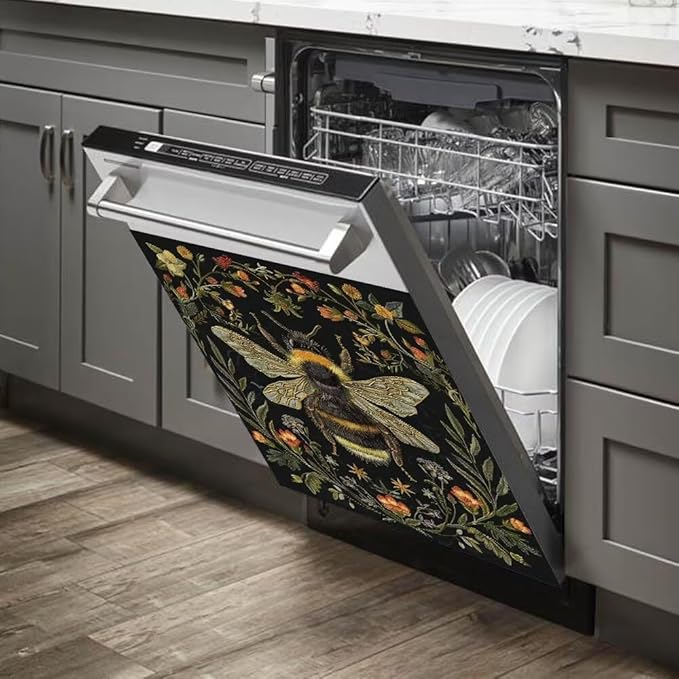 Flower and Bee Painting Dishwasher Magnetic Cover Sticker Refrigerator Fridge Magnet Panel Decal Magnets Home Kitchen Fridge Front Door Cover 23W x 17H inchs