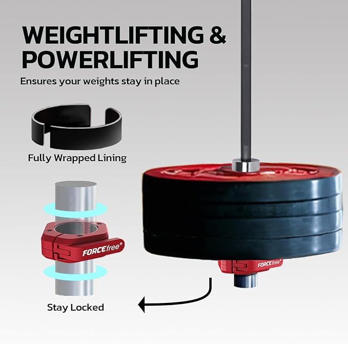 Forcefree+ Barbell Clips (Pair), Barbell Clamps, Quick Release Olympic Barbell Clamps with Anti Slip TPR Grip, Barbell Collars for Secure Weightlifting & Powerlifting (Non Magnetic, Red)