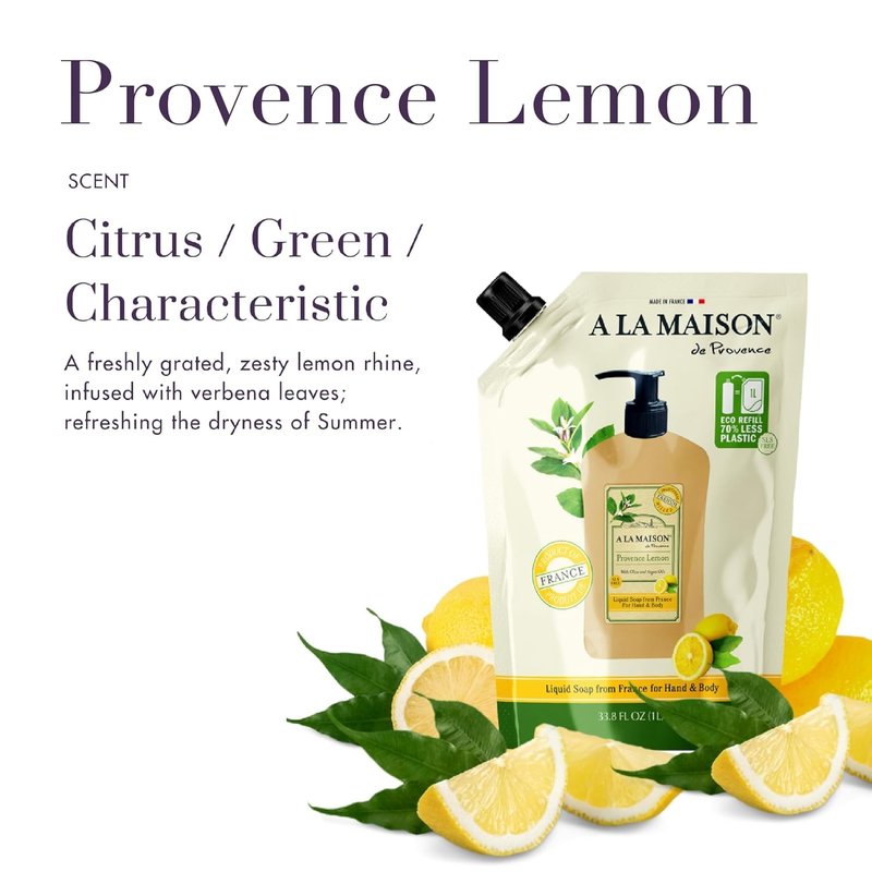 A LA MAISON French Liquid Hand Soap RefilL - Natural Hand Wash Made with Essential Oils - Biodegradable, Plant-Based, Vegan, Cruelty-Free (33.8 Fl Oz Pouch, 2 Pack, Provence Lemon)
