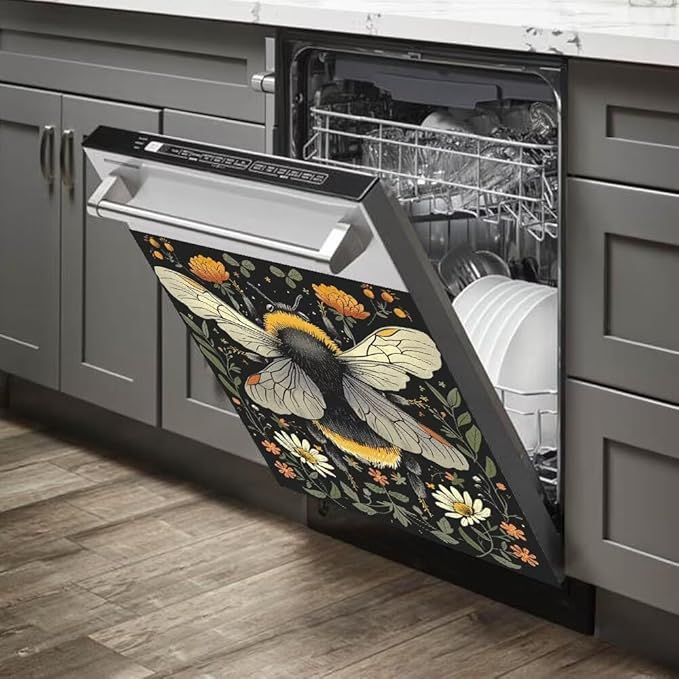 Flower and Bee Wallpaper Dishwasher Magnet Cover Sticekr,Refrigerator Magnet Cover Decal Fridge Microwave Stickers Kitchen Decor,23W x 17H inchs