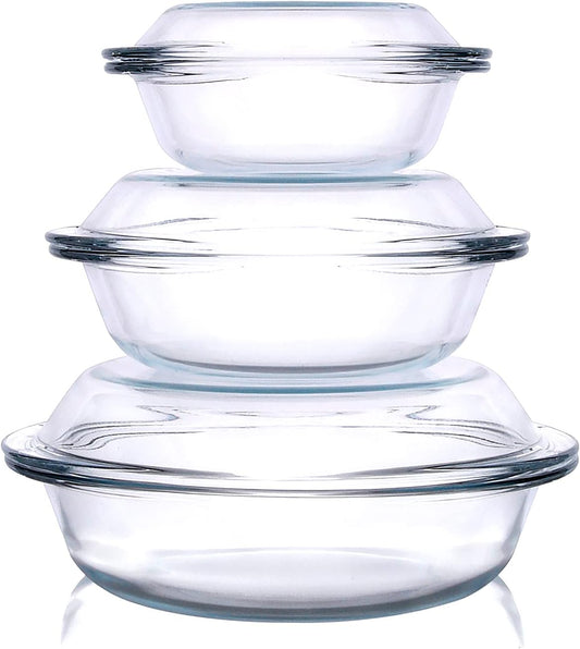 Regine Switzerland Round Glass Casserole Dishes Set - Nesting Baking Dish with Lids | Oven, Freezer & Dishwasher Safe - 0.5QT, 1QT, 1.8QT