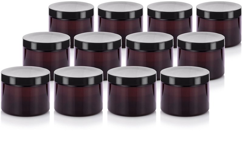 (12 pack) 6 oz Amber PET Plastic Refillable Jar with Black Lid