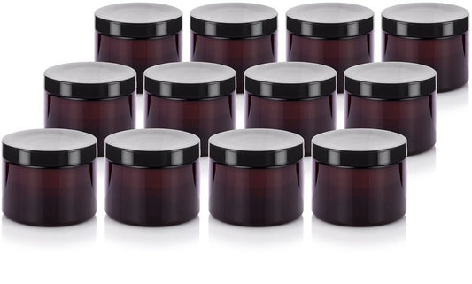 (12 pack) 6 oz Amber PET Plastic Refillable Jar with Black Lid