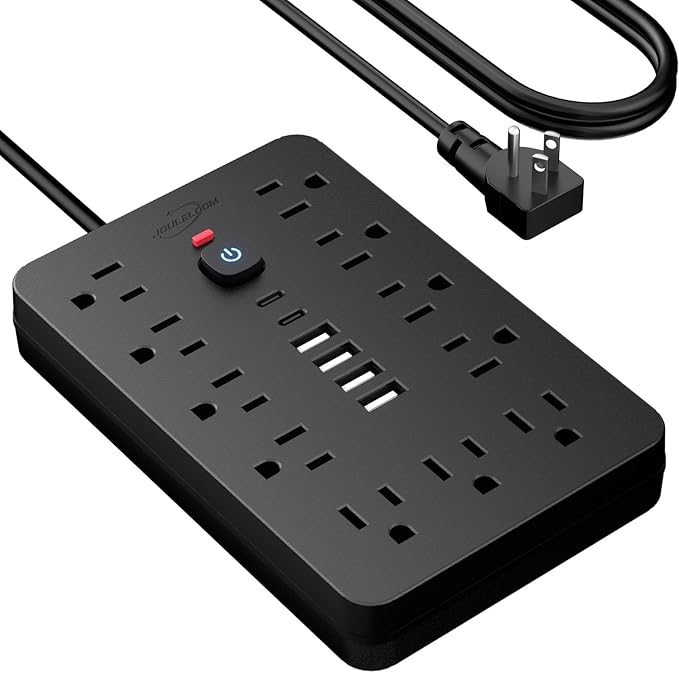 JouleLoom 5 FT Flat Plug Surge Protector Power Strip,11 Multiple AC Outlets with 6 USB Ports (2 USB C), 5 Feet Extension Cord, 1250W/10A, One Touch Switch Button, 17 in 1 Compact powerstrip