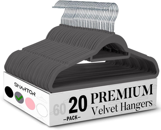 Smartor Grey Velvet Hangers - 20 Pack Heavy-Duty Non-Slip Clothes Hangers with Tie Bar & Shoulder Notches