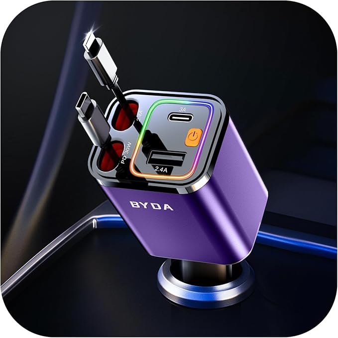 4 in 1 Retractable Car Charger,69W USB-C Fast Car Charger, for iPhone16/15/14/13/12,Cigarette Lighter Charger (Grey, for Apple+Type C &RGB Breathing Light [Purple])
