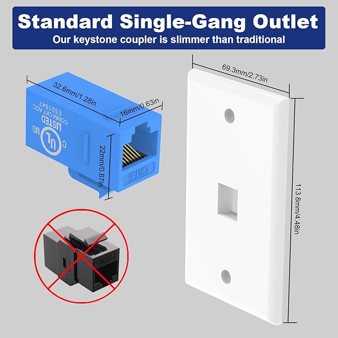 VCE Ethernet Wall Plate (UL-Listed), 1-Port CAT6 Wall Plate and Jack, RJ45 Keystone Outlet with Single Gang Low Voltage Mounting Bracket, Blue 6-Pack