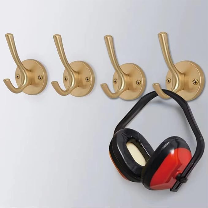 NETLKLA 4 Packs Gold Coat Hooks, Silver Robe Hook, Decorative Towel Hooks, Heavy Duty Double Prong Wall Hooks, Metal Closet Hooks, Hat Hooks for Hanging for Bathroom, Kitchen and Office