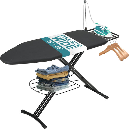 RAINHOL Large Heavy Duty Ironing Board - Adjustable Height with Storage Tray & Cover | 48x15 in, Black