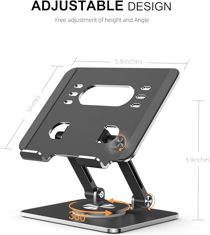 Orlian Tablet Stand Holder with Thickened 360°Rotating Base Dual Rod Adjustable Aluminum Stand for All 5.8-12.9” iPad Samsung Phone Tablet Kindle E-Reader and More, Black