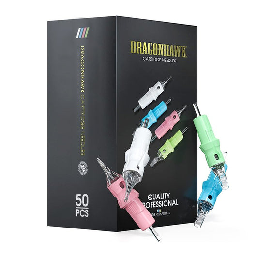 Dragonhawk 50Pcs Tattoo Cartridge Needles #10 Assorted Mixed Size Round Liner 1RL 3RL 5RL 7RM 9RM Curved Magnum Disposable Membrane for Rotary Machine
