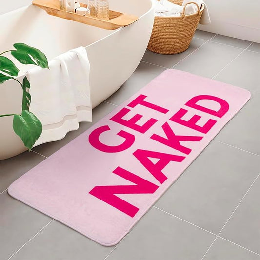 Pink Get Naked Memory Foam Runner Rug 17x47 Inch, Funny Bathroom Rugs, Cute Dorm, Apartment Decor, Soft Non Slip Absorbent Mats for Shower, Vanity