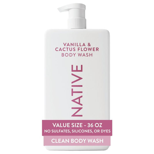 Native Body Wash for Women & Men, Vanilla & Cactus Flower, 36 oz Pump Bottle, Sulfate-Free & Gentle