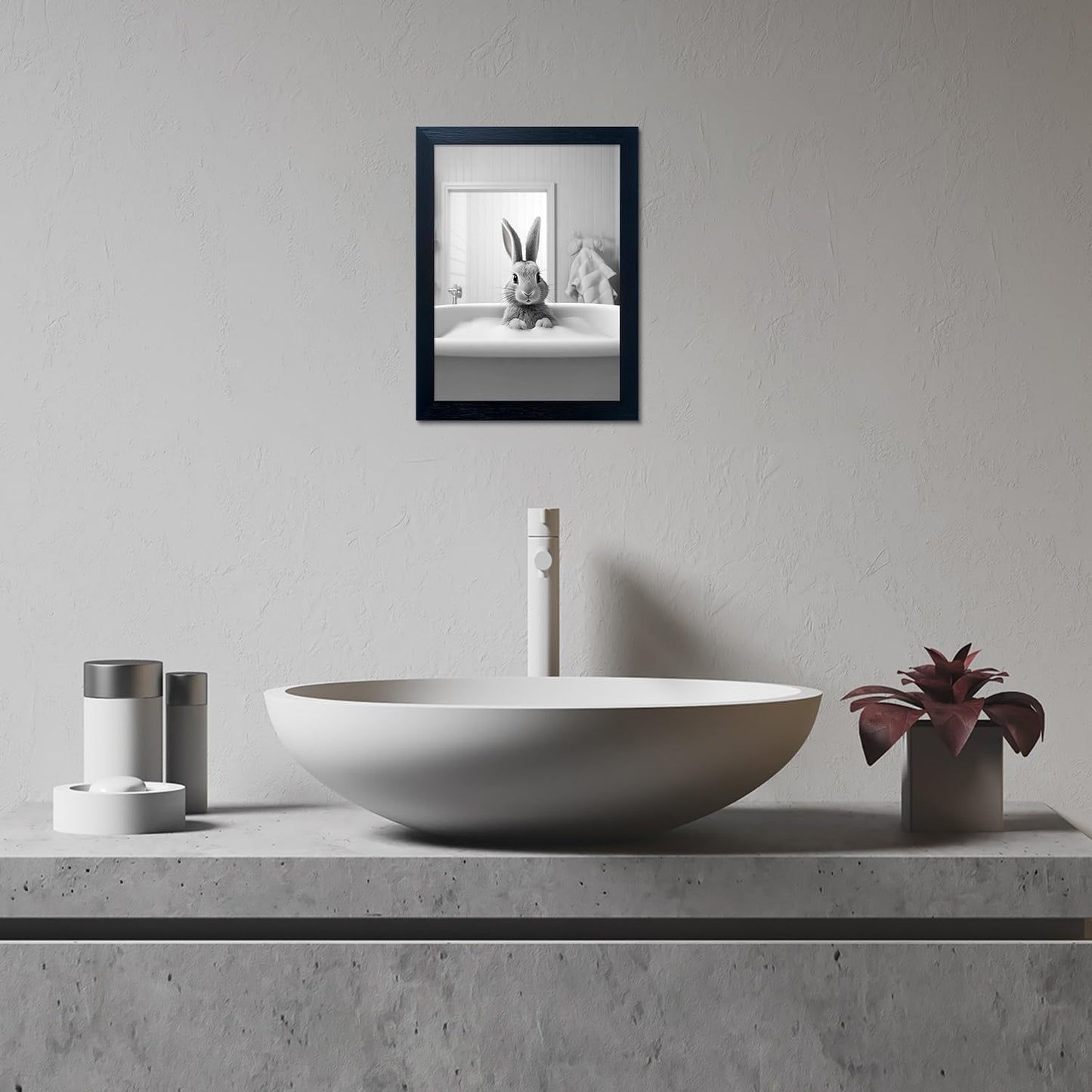Regine Switzerland Kids Bathroom Decor - Cute Black and White Animal Canvas Art | Funny Rabbit in Bathtub