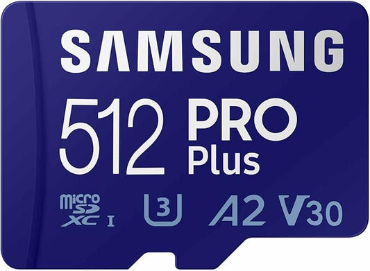 Samsung PRO Plus microSD Memory Card + Adapter, 512GB microSDXC, Up to 180 MB/s, Full HD & 4K UHD, UHS I, C10, U3, V30, A2, for Android Smartphones, Tablets, GoPRO, and DJI Drone (MB MD512SA/AM)