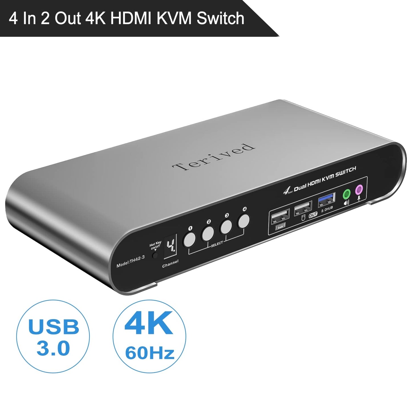 Terived 4 Computers 2 Monitors USB 3.0 HDMI KVM Switch 4K@60Hz with Hotkey Switching, Automatic Switching 4 Port Dual Monitor, Aluminum, Digital Display, USB 3.0 Audio/Mic, EDID, HDR10 with Cables