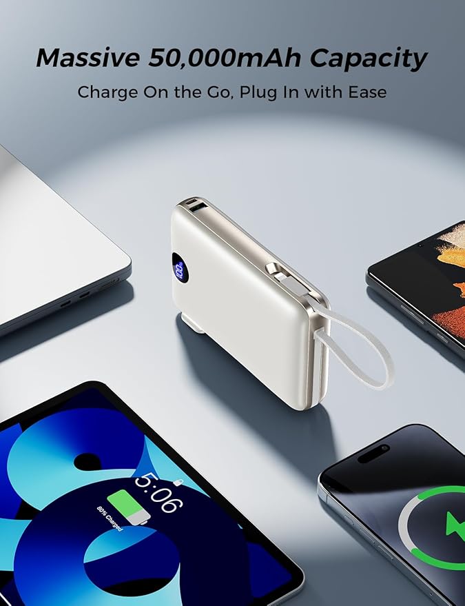 Portable Charger with Built-in Cables & Wall Plug, 50000mAh Power Bank, 4 Outputs 22.5W USB C Fast Charging, Mini Travel Essentials Battery Pack with LED Display for iPhone/iPad/Samsung etc Cheese