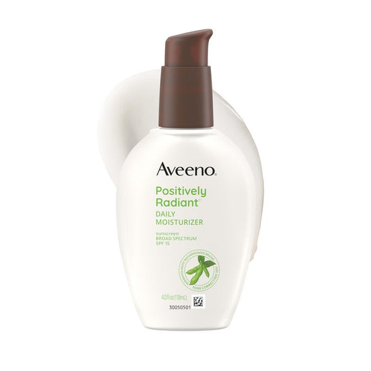 Aveeno Positively Radiant Daily Face Moisturizer with SPF 15 Sunscreen, Hydrating Face Lotion with Soy Extract to Improve Skin Tone and Texture, Hypoallergenic Formula, Oil-Free, 4 Fl Oz