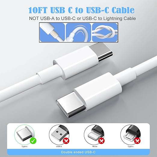 10FT Fast Charging Cord for iPhone 17 16e 15,3Pack Extra Long 10Foot USB C to Type C Charger Cable 20W USBC Charger Block Cube Super Quick Charging for iPhone 17 Air/17 16 15 Pro/Plus/Pro Max,iPad Pro
