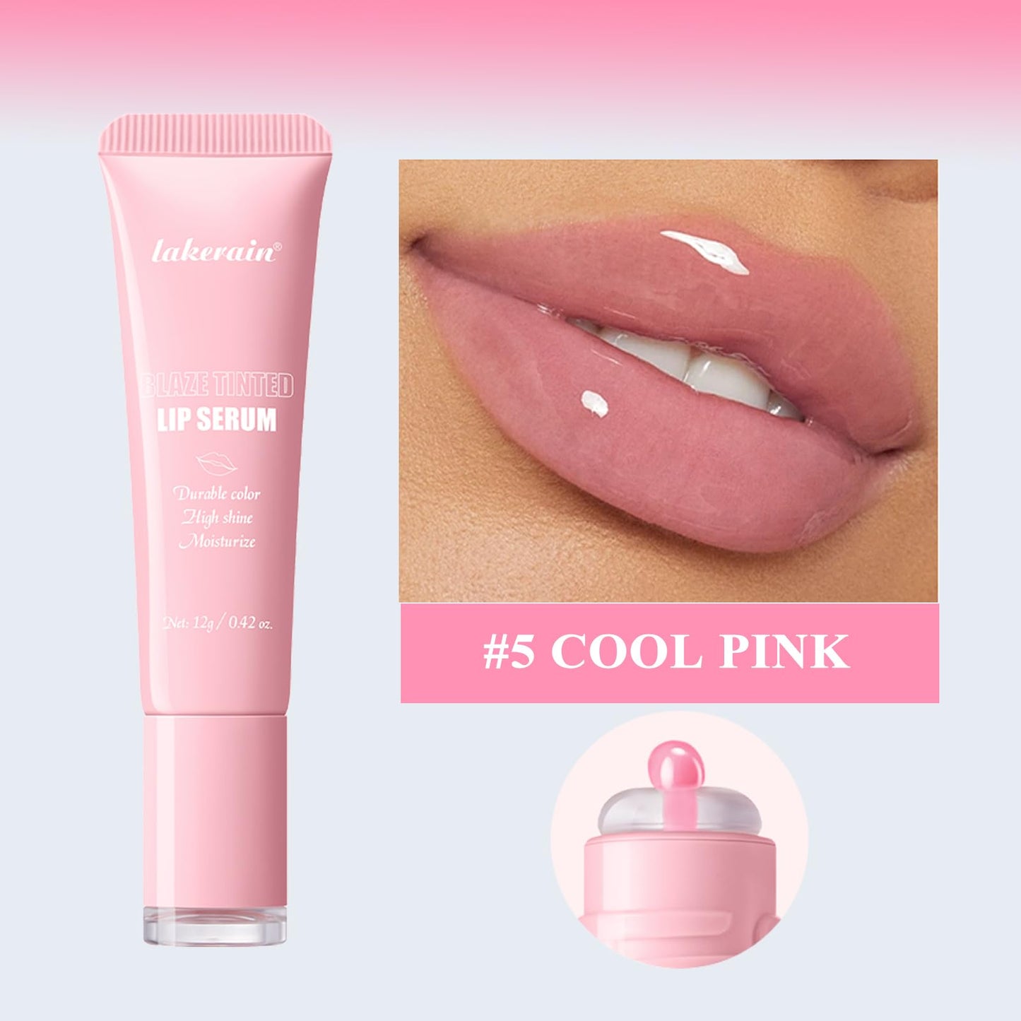 TEEROVA Tinted Lip Serum, High Shine Hydrating Lip Serum with Pluming Polypeptides, Glossy Finish (#5 Cool Pink)