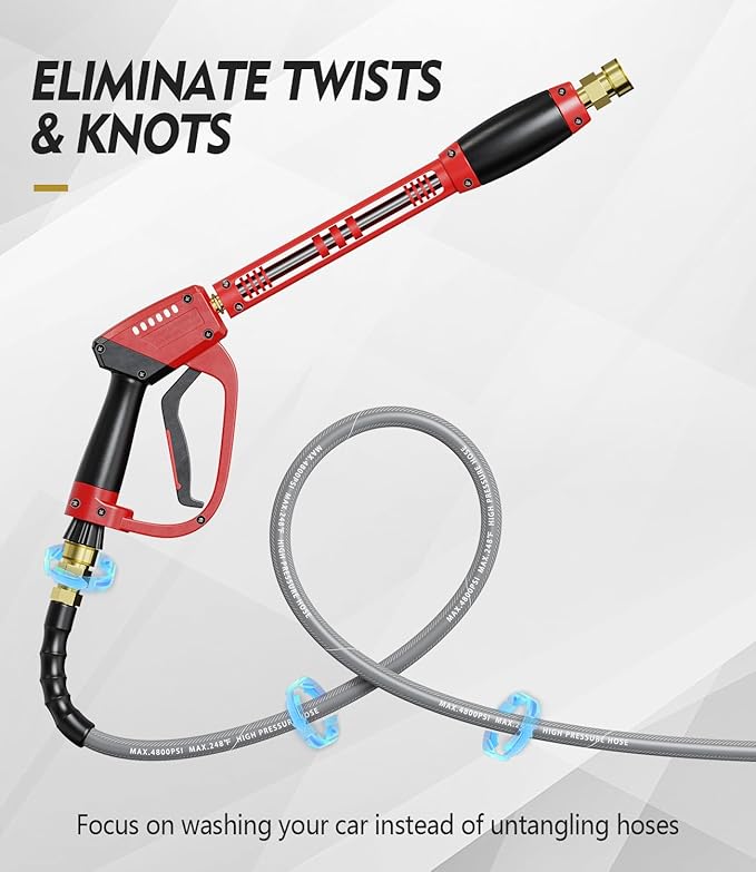Pressure Washer Gun and Hose Kit, 4800PSI Steel-Braided & Durable - Flexible & Kink-Resistant Power Washer Hose 25 FT with 3/8" Swivel Quick Connector and M22 14mm Adapters Replacement