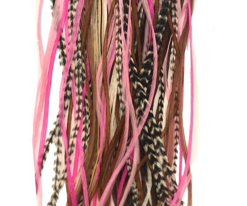 Feather Hair Extensions, 100% Real Rooster Feathers, Long Pink, Purple, Grizzly Colors, 20 Feathers with 20 Silicone Microlinks and loop tool