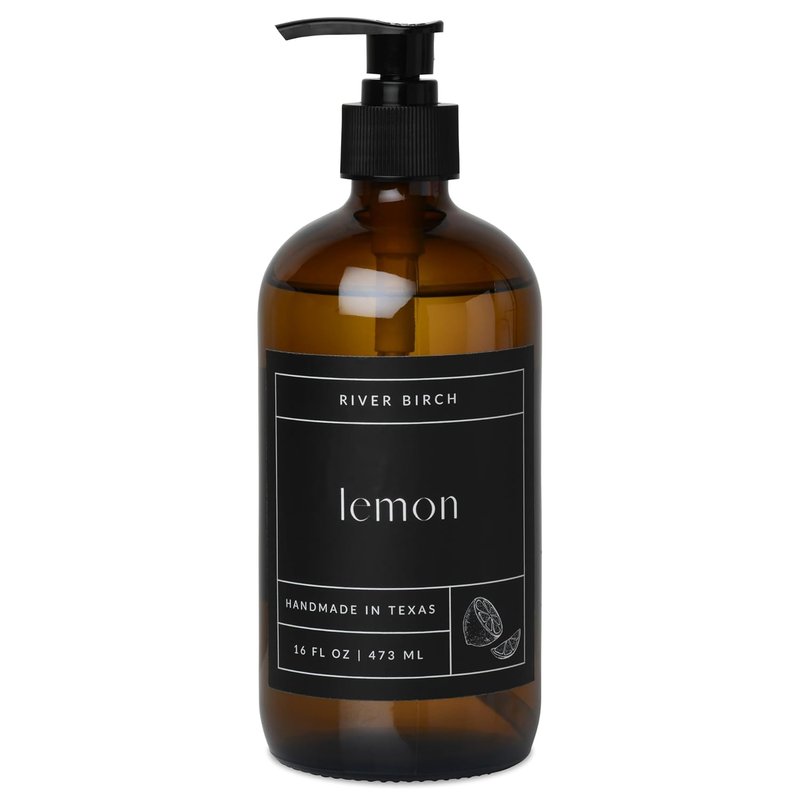 Lemon Scented Natural Hand Soap - Moisturizing Vegan Soap with Amber Glass Dispenser | 16 Fl Oz