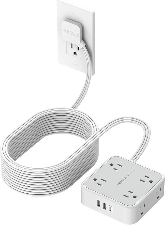 TESSAN Surge Protector Power Strip, 25 Ft Flat Plug Extension Cord with 3 USB (1 USB C 20W PD) 8 Outlets, 1250W, 900J Protection, 3 Sided Outlet Extender with Power Switch for Office, Dorm Room, Grey
