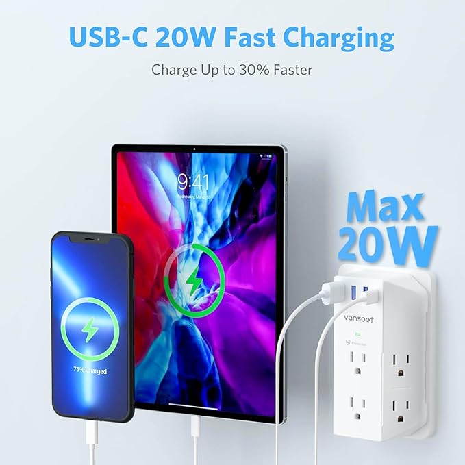 Wall Outlet Extender, Vansoet 6 Outlet Splitter with 4 USB Ports(1 USB C PD 20W), 2100J Surge Protector Power Strip, 3 Side Multi Plug Outlet for Travel, Home, Office, Dorm