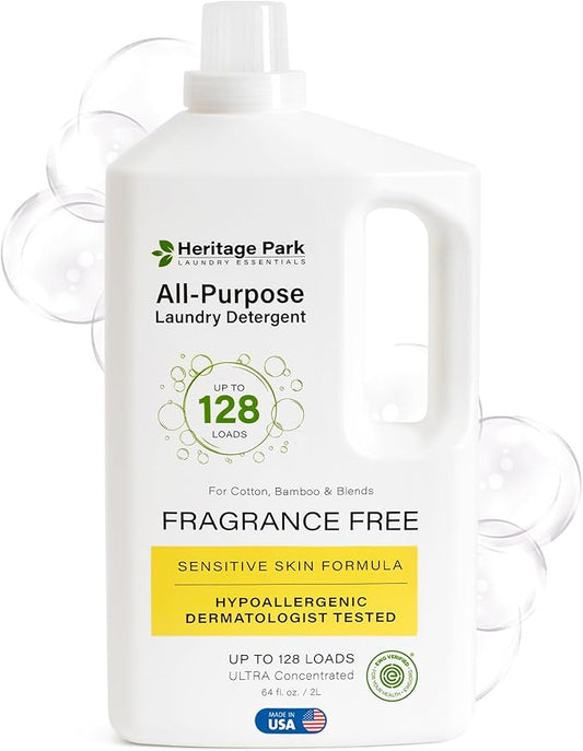 Heritage Park Luxury Laundry Detergent | Dermatologist Tested Plant based Natural & Enzyme Laundry Detergent | Sensitive Skin Friendly - Fragrance Free (64 fl oz)