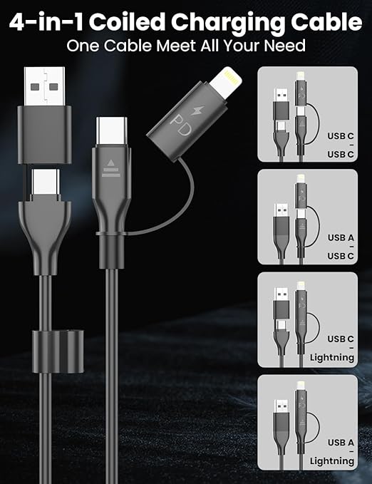 Coiled USB-C and Lightning Cable 2-in-1, 3FT iPhone 15 16 Car Charger Cord, 60W Fast Charging Cable for iPhone 16, Samsung Galaxy Supports Apple CarPlay & Android Auto (Black)
